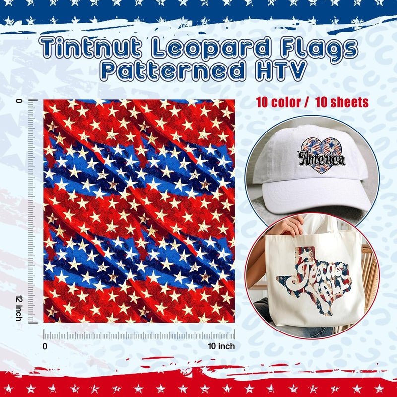 Tintnut 4th of July American Flag - 10pcs 12x10in US Flag Patterned Patriotic HTV Iron On Vinyl Compatible with Cricut/Cameo - Image 2